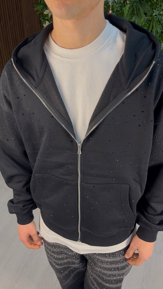 FELPA ZIP CON STRASS NERA