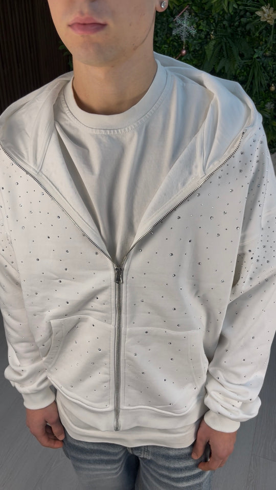 FELPA ZIP CON STRASS BIANCA