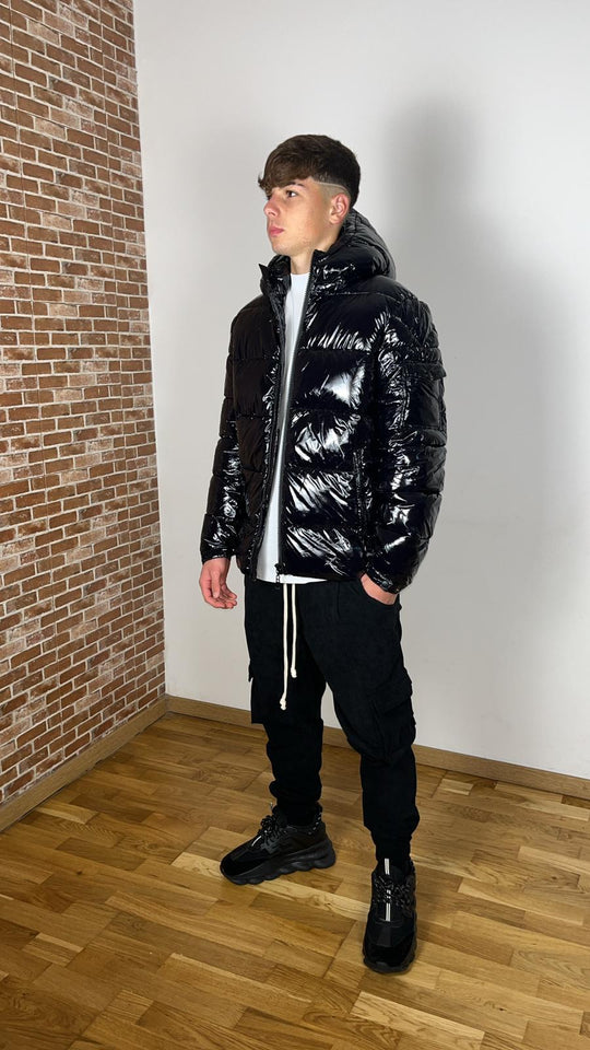 SHINY BLACK BOMBER JACKET